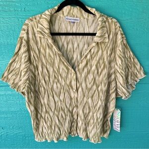 Almost Famous Plisse (crinkled) Striped Button Front Shirt 3X NWT Green Cream